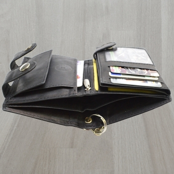Herren Brieftasche Ledergeldbörse Hochformat mit Karabiener Hosenkette schwarz